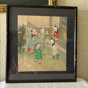 Vintage Asian Silk Painting Children Courtyard Framed Wall Art